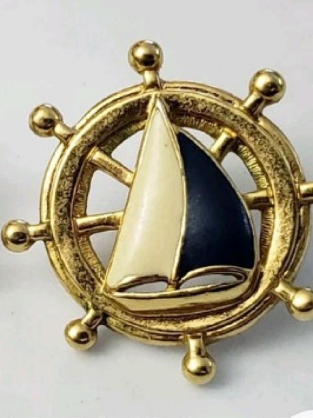 Avon Gold-Tone Nautical Ship Wheel Earrings with Navy and White Sails - Picture 3 of 4